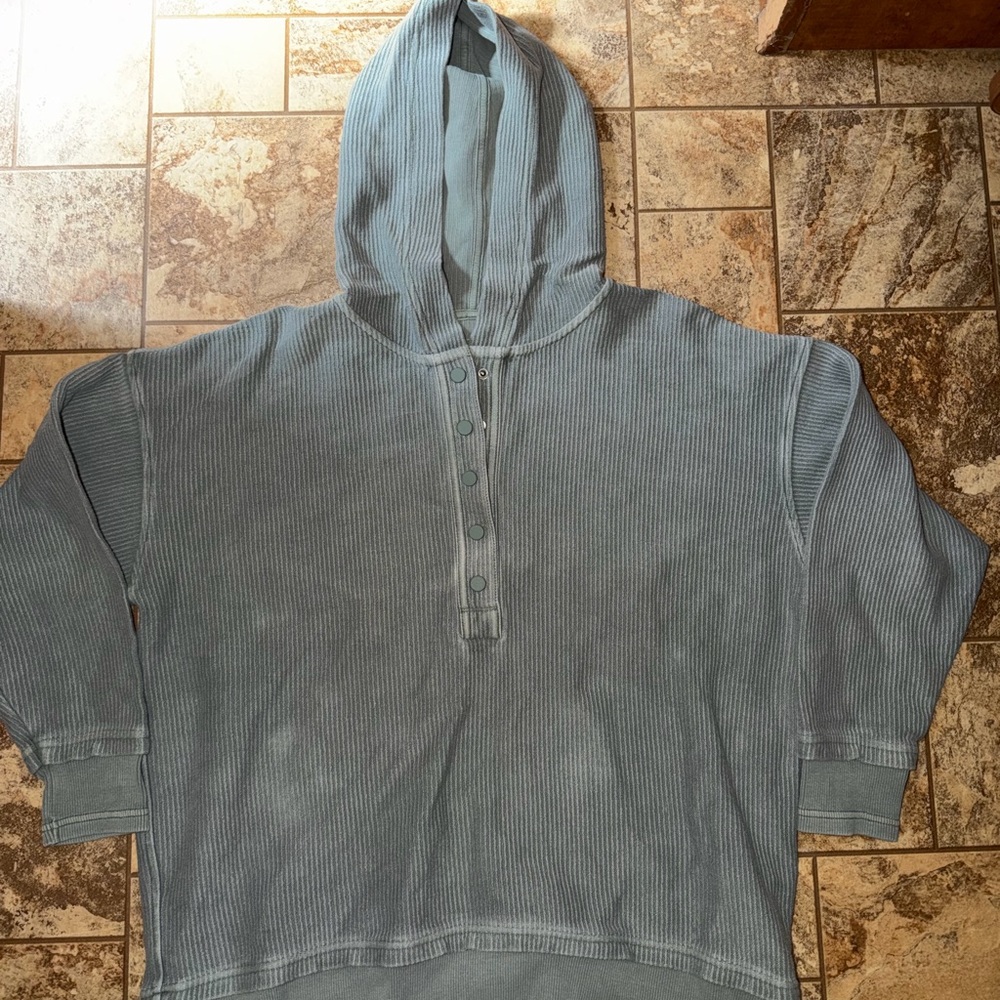 aerie Women's Hooded Waffle Henley Pullover - Teal Blue